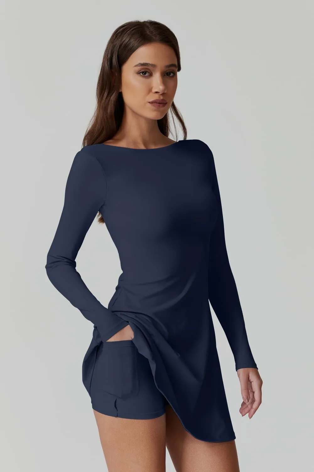 QINSEN Women's Open Back Tennis Dress Long Sleeve Built in Shorts Golf Athletic Dress with Pockets