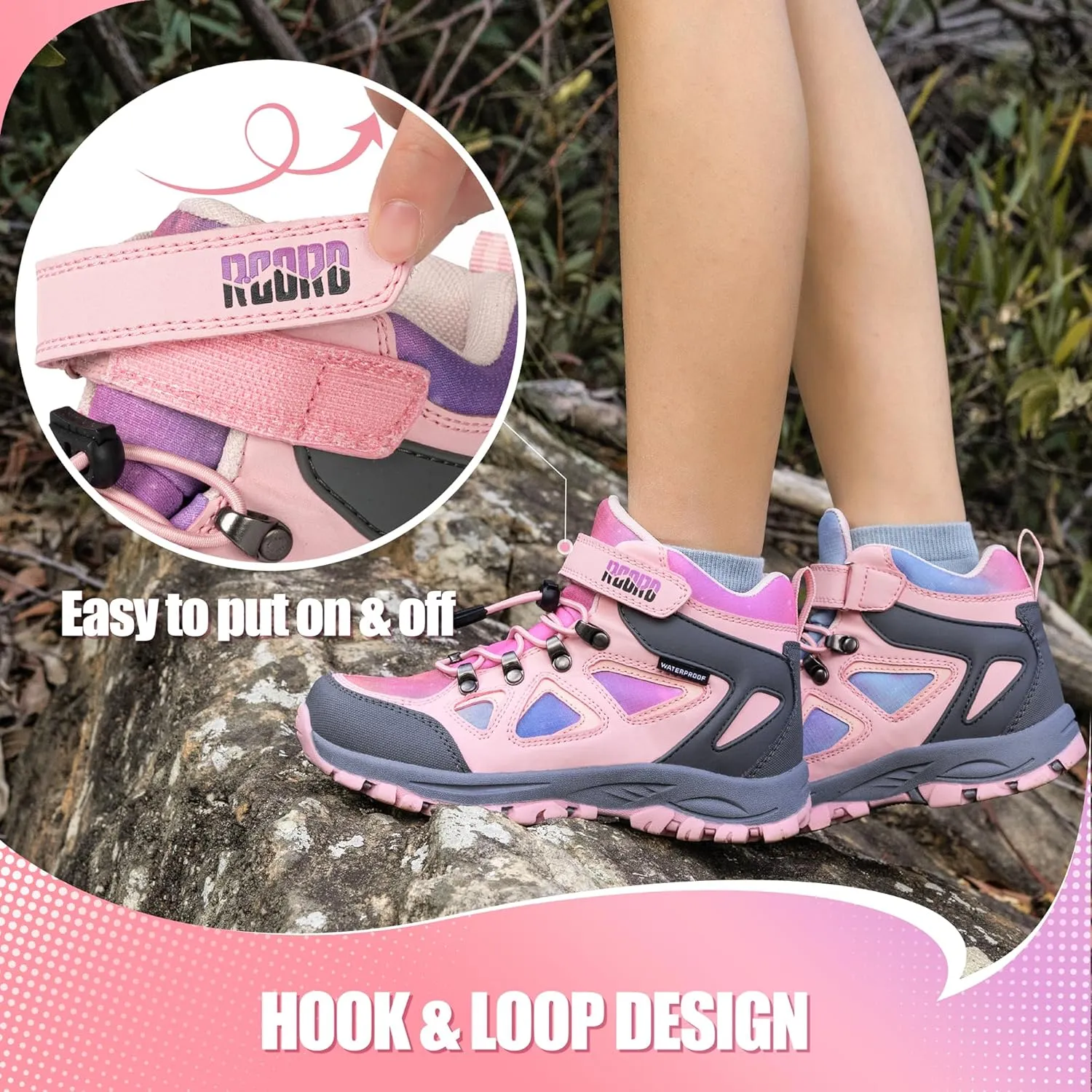 R CORD Kids Hiking Boots Waterproof Girls Hiking Boots Durable TPR Traction Outsole Anti-Skid Athletic Hook and Loop Drawstring Closure Hiking Boots for Outdoor