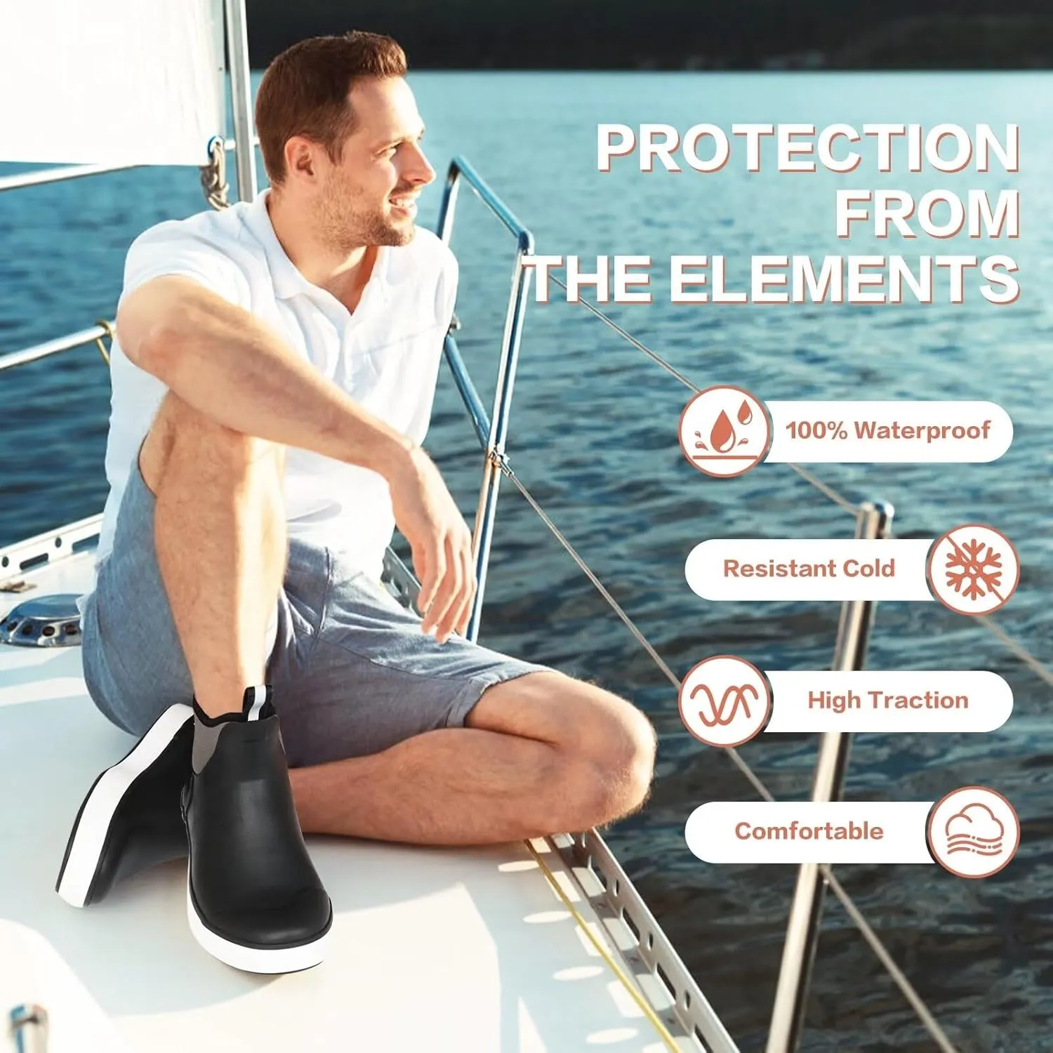 Showave Mens Deck Boots Waterproof Ankle Saltwater Rain Boot Fishing Rubber Boots Slip On Neoprene Boat Booties Work Sailing Boot For Men