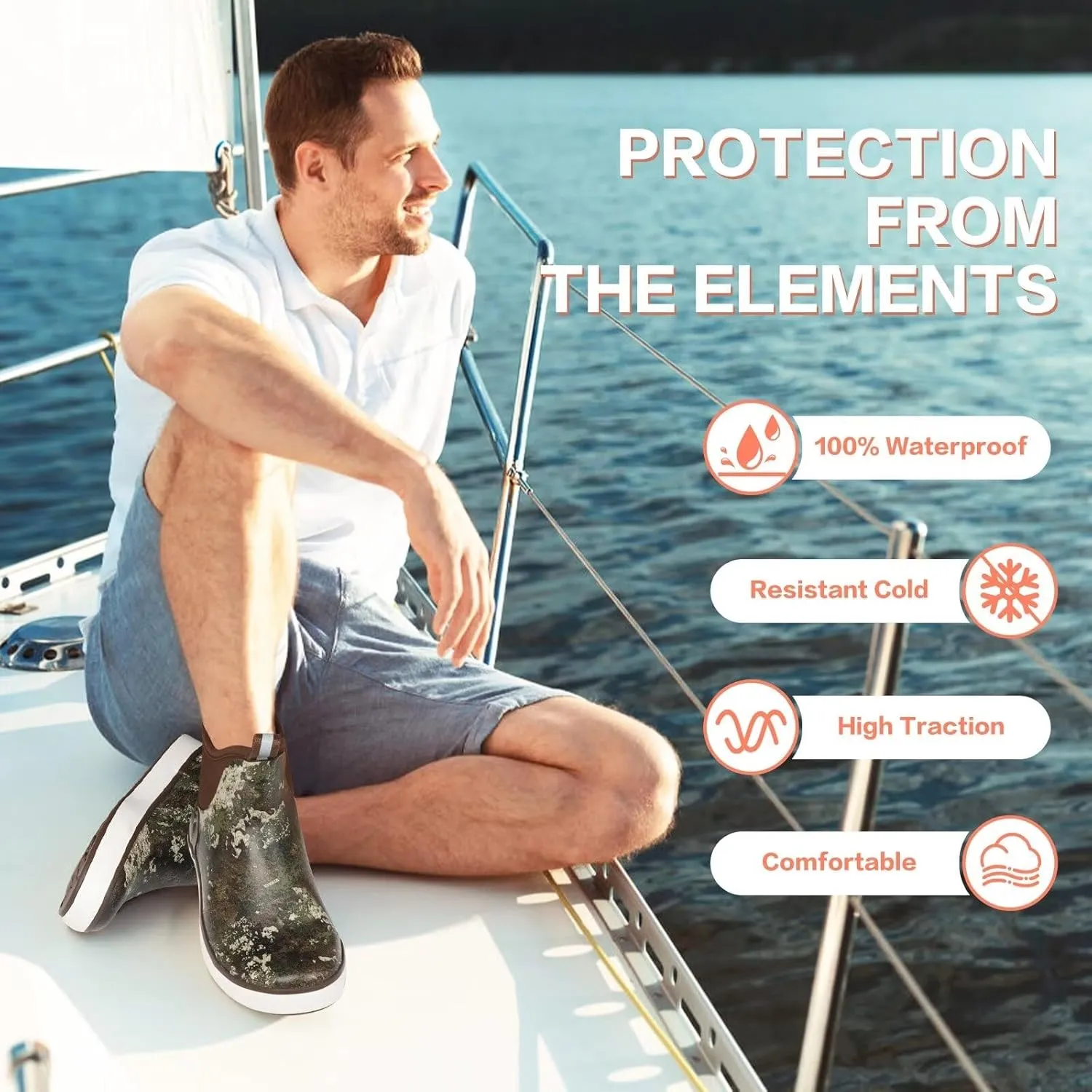 Showave Mens Deck Boots Waterproof Ankle Saltwater Rain Boot Fishing Rubber Boots Slip On Neoprene Boat Booties Work Sailing Boot For Men