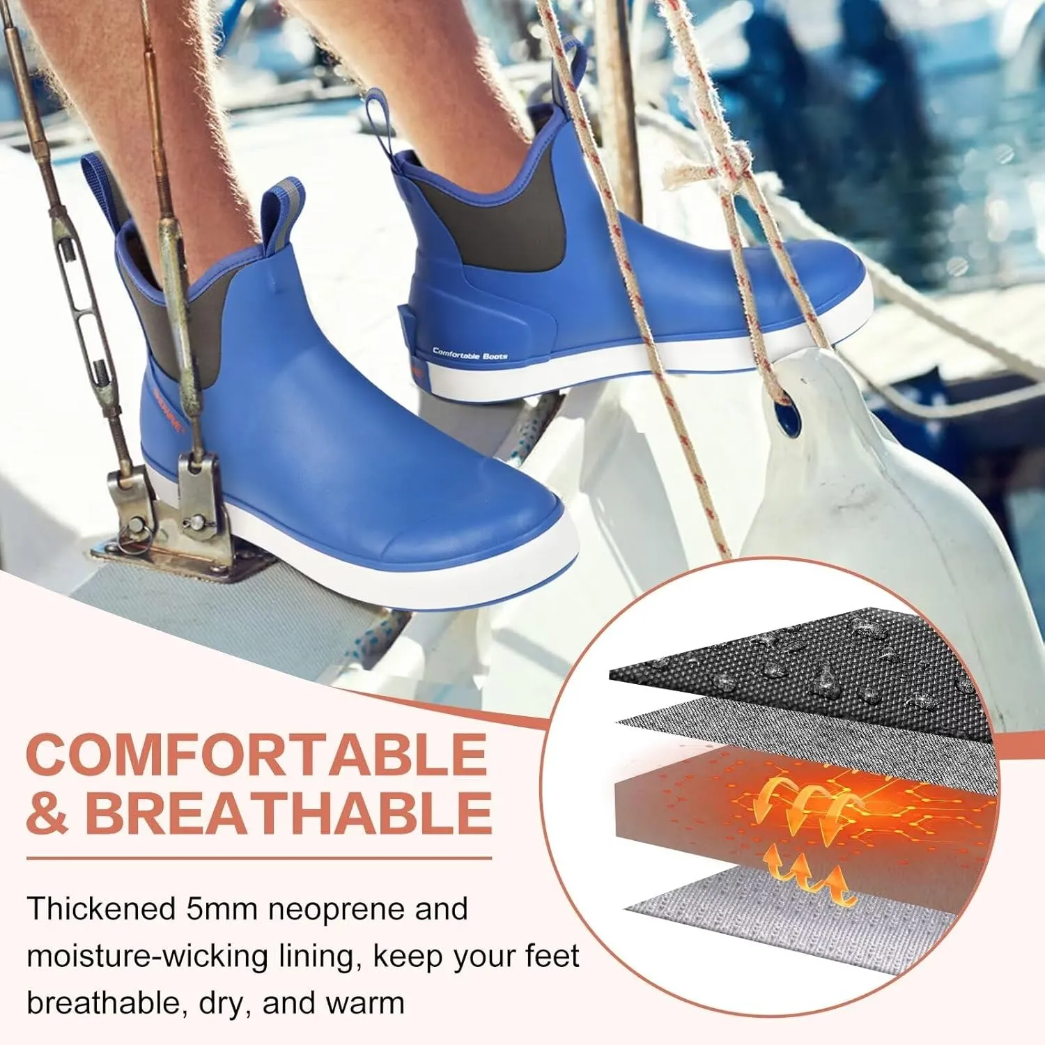 Showave Mens Deck Boots Waterproof Ankle Saltwater Rain Boot Fishing Rubber Boots Slip On Neoprene Boat Booties Work Sailing Boot For Men