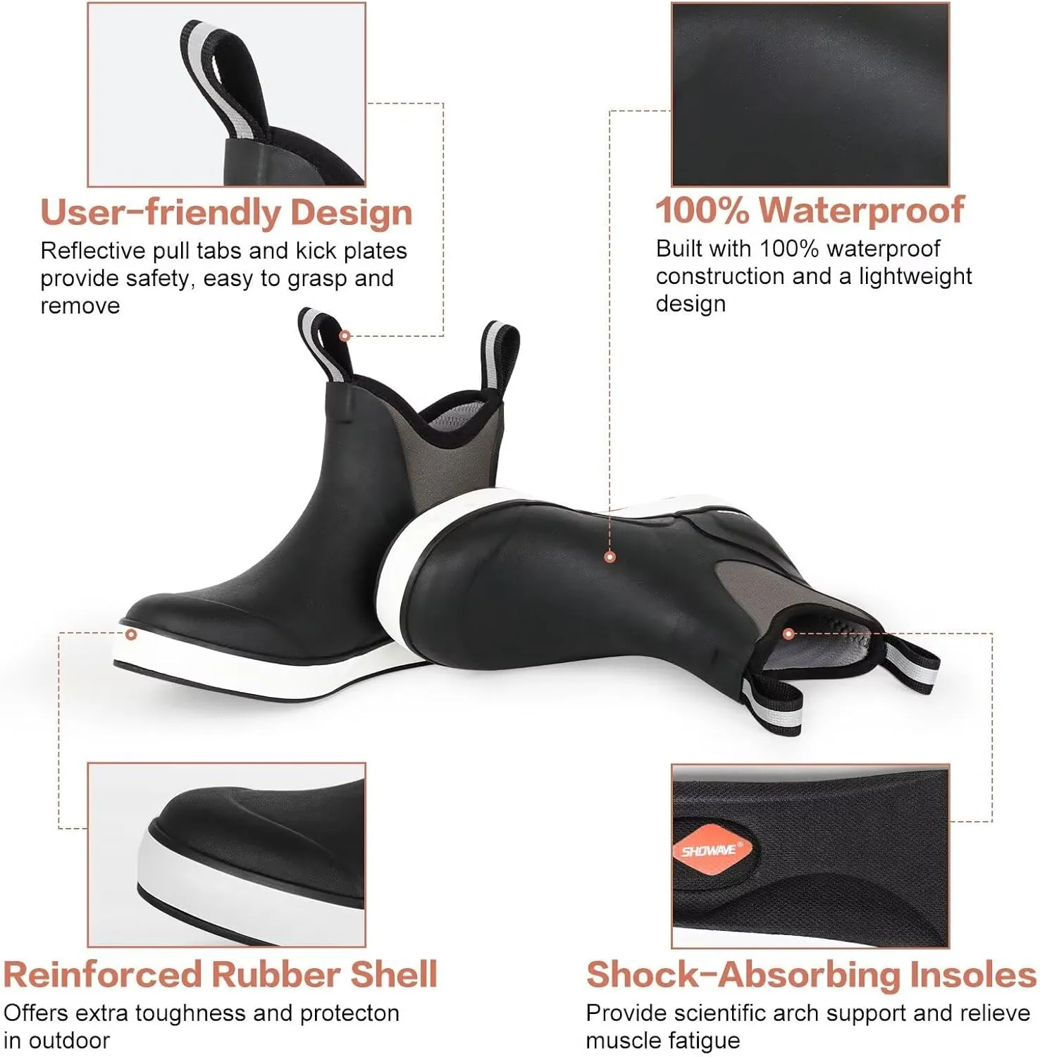 Showave Mens Deck Boots Waterproof Ankle Saltwater Rain Boot Fishing Rubber Boots Slip On Neoprene Boat Booties Work Sailing Boot For Men