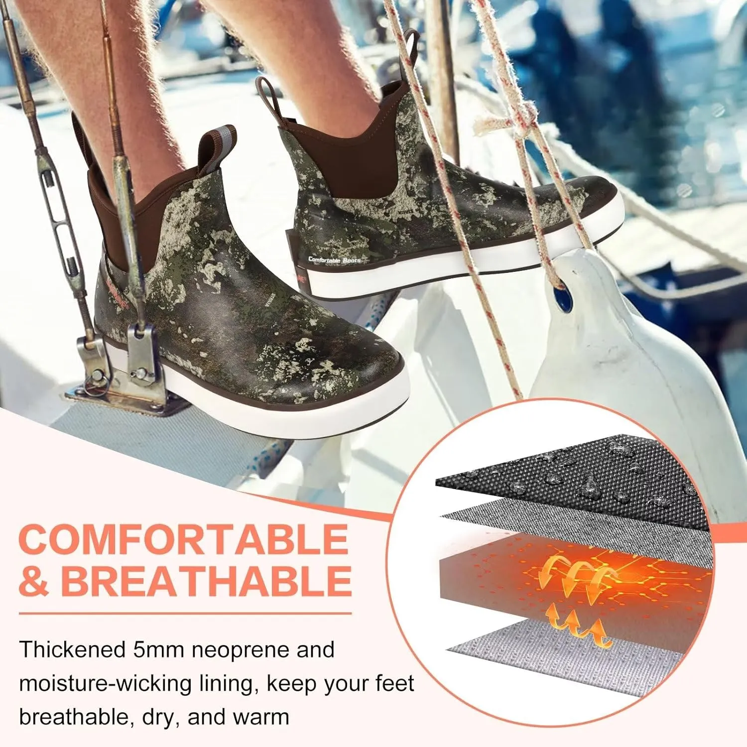 Showave Mens Deck Boots Waterproof Ankle Saltwater Rain Boot Fishing Rubber Boots Slip On Neoprene Boat Booties Work Sailing Boot For Men