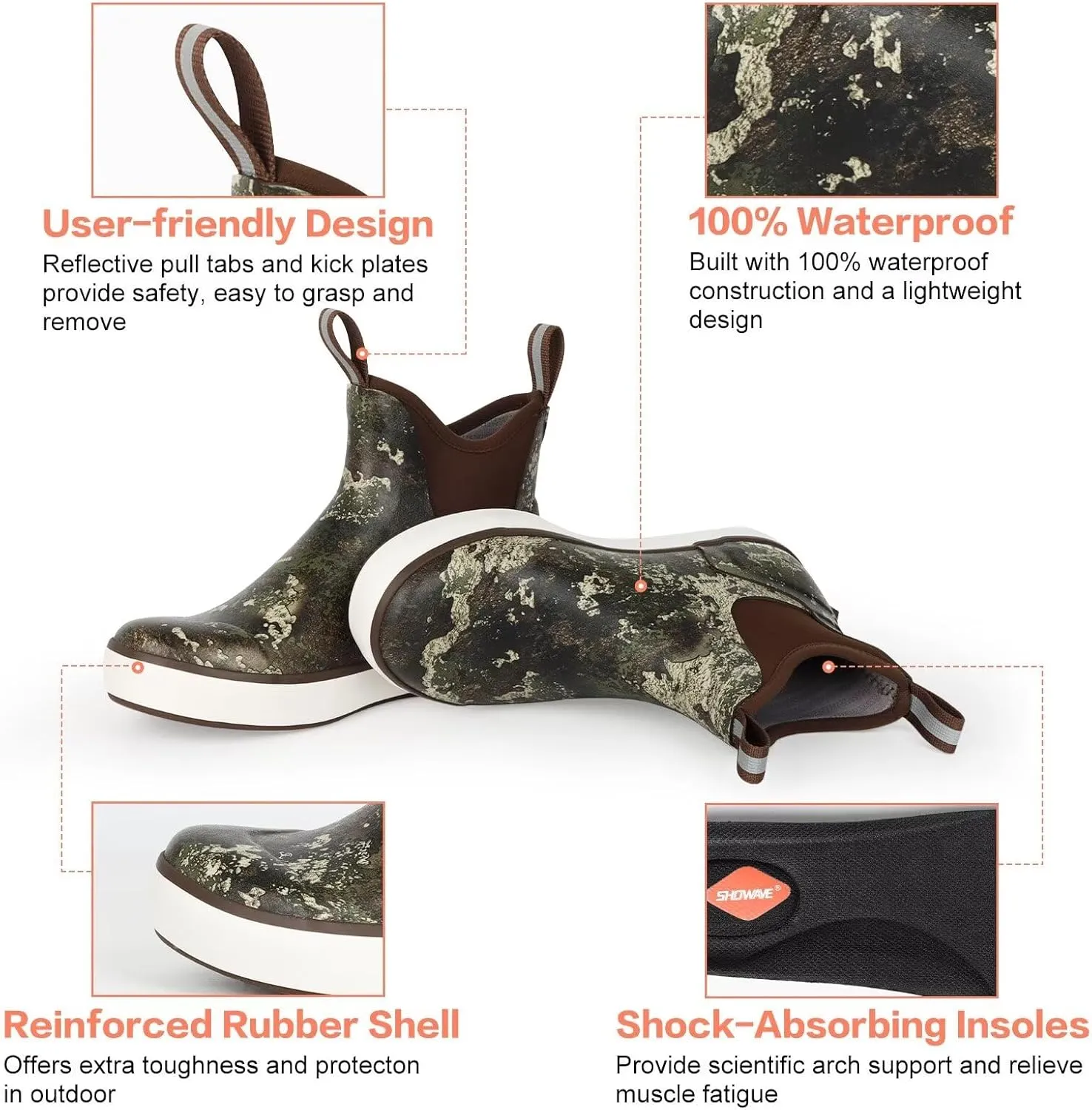 Showave Mens Deck Boots Waterproof Ankle Saltwater Rain Boot Fishing Rubber Boots Slip On Neoprene Boat Booties Work Sailing Boot For Men