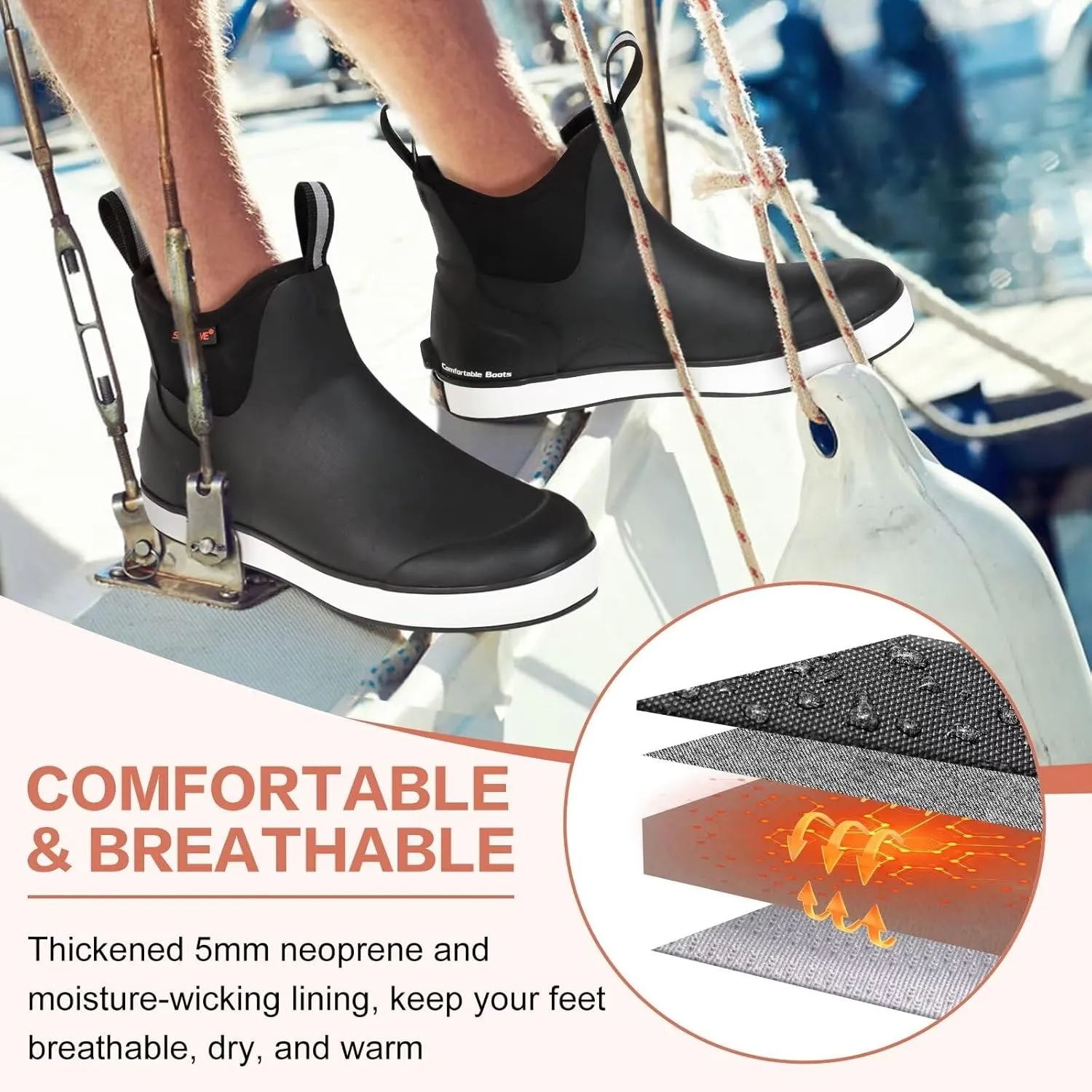 Showave Mens Deck Boots Waterproof Ankle Saltwater Rain Boot Fishing Rubber Boots Slip On Neoprene Boat Booties Work Sailing Boot For Men