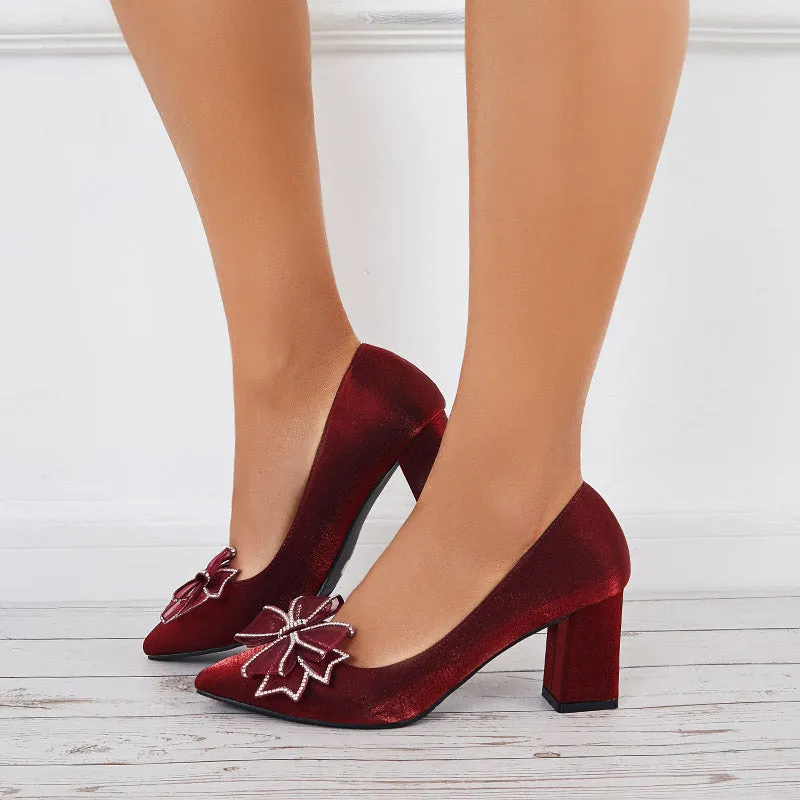 Sohiwoo  Women Bow Chunky Block Heel Pumps Pointed Toe Solid Color Dress Shoes