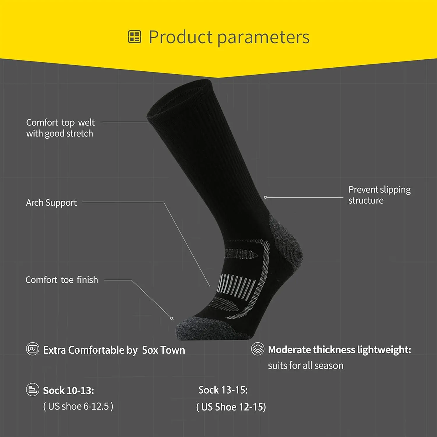 SOX TOWN Men's Merino Wool Cushion Crew Socks for Outdoor Hiking Hike Trail Performance Moisture Wicking Lightweight Summer
