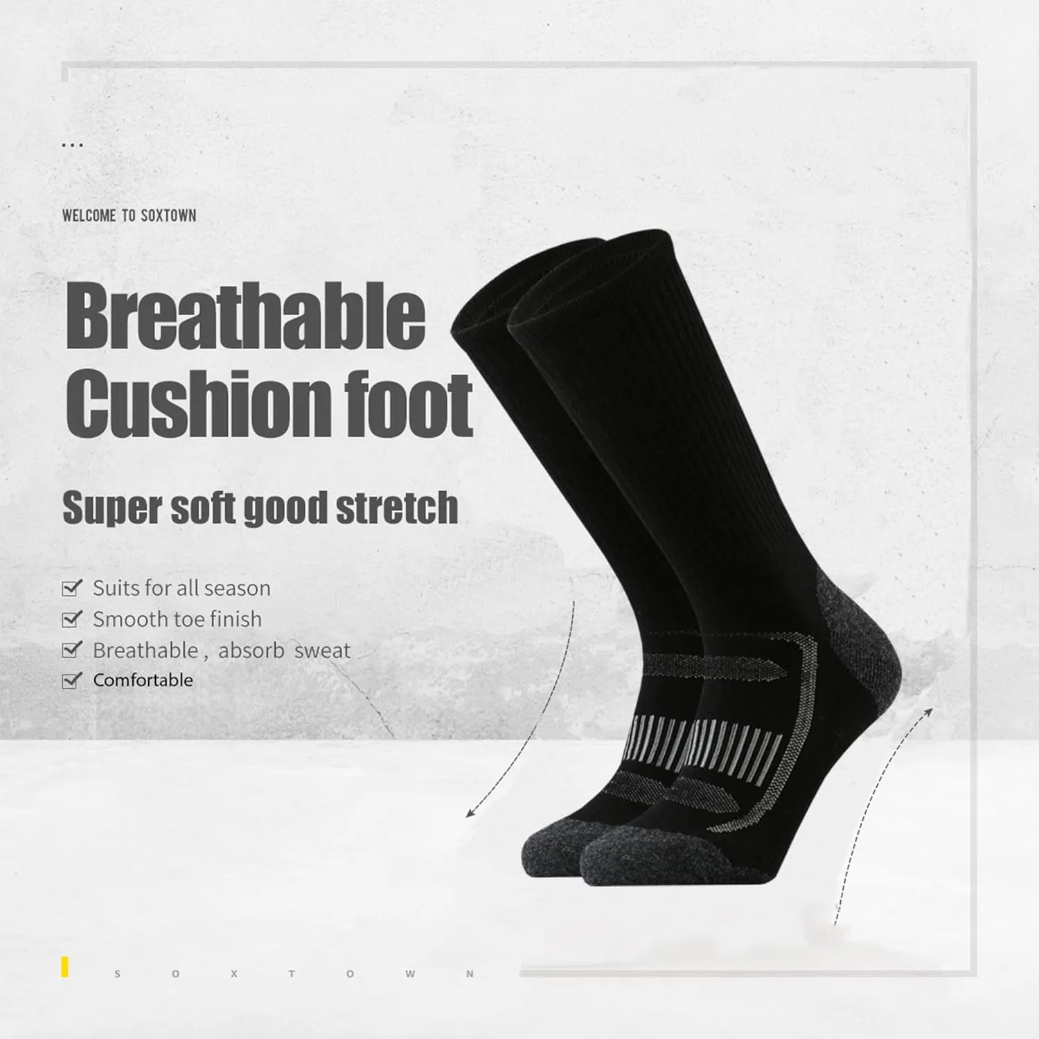 SOX TOWN Men's Merino Wool Cushion Crew Socks for Outdoor Hiking Hike Trail Performance Moisture Wicking Lightweight Summer