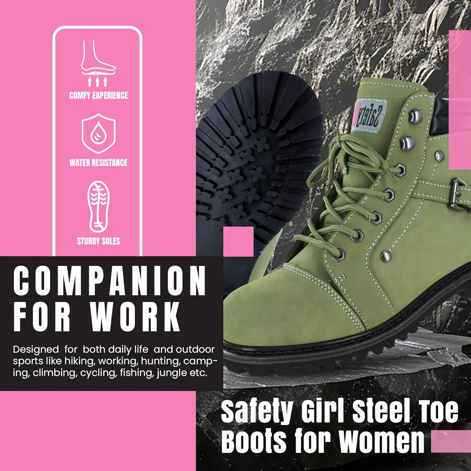 Steel Toe Boots for Women - Moss - 6M | Waterproof Women's Fusion Work Boots | Leather Work Boots | Rugged Goodyear Welt Construction | Oil Resistant Outsoles & Cushioned Insoles