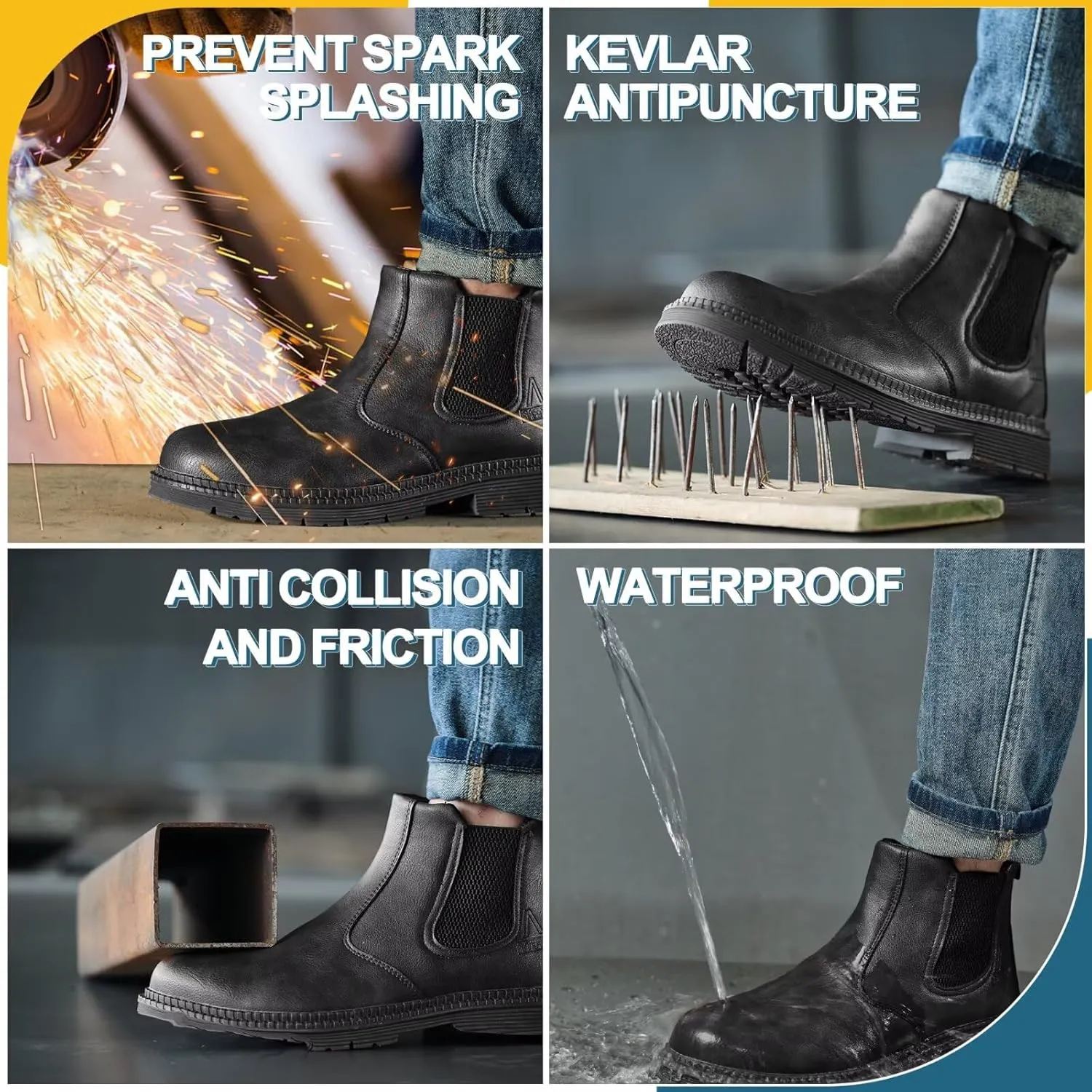 Steel Toe Work Boots for Men Women Slip-on Chelsea Boots, Men's Industrial Construction Shoes, Waterproof, Lightweight, Comfortable, Non-slip Safety Boots