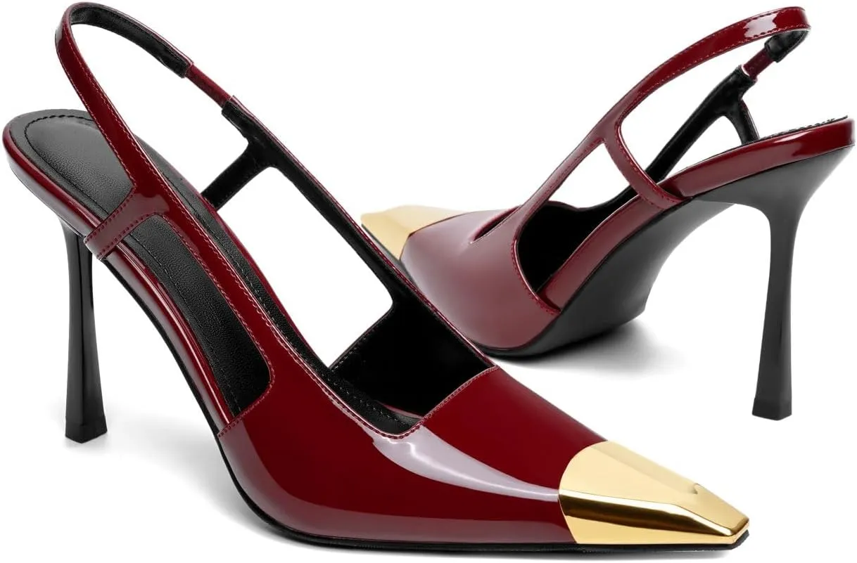 Vertundy Slingback Heels for Women Metal Pointed Toe Stiletto High Heel Pumps Slip On Shoes Geometric Heel