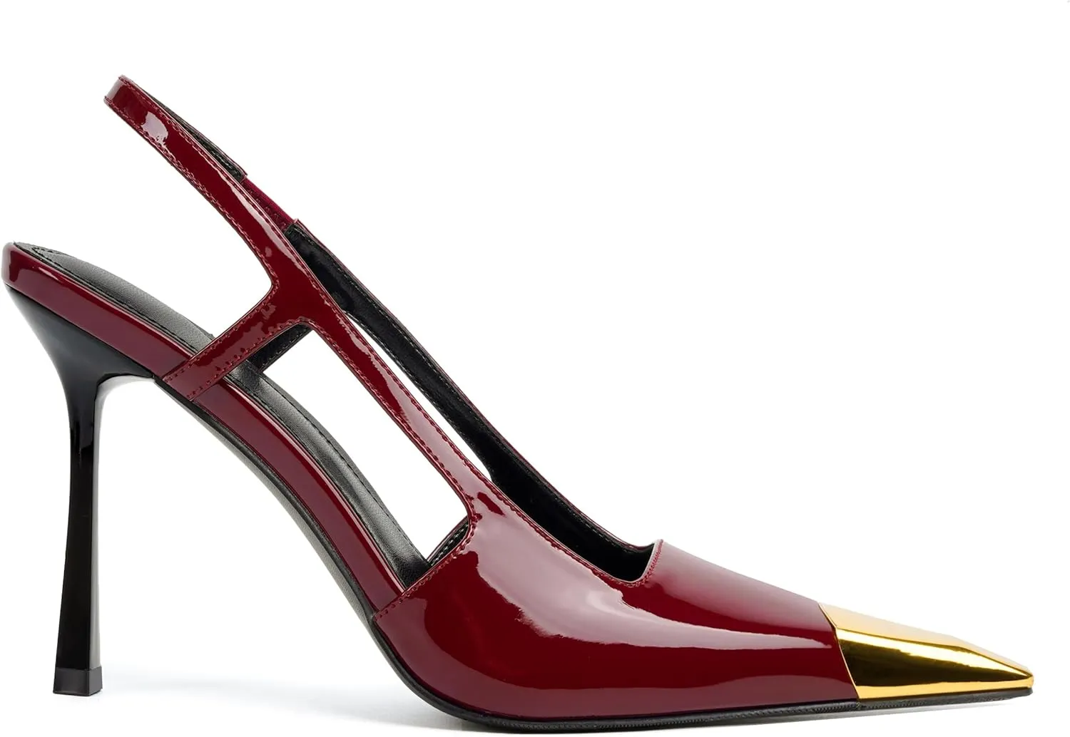 Vertundy Slingback Heels for Women Metal Pointed Toe Stiletto High Heel Pumps Slip On Shoes Geometric Heel