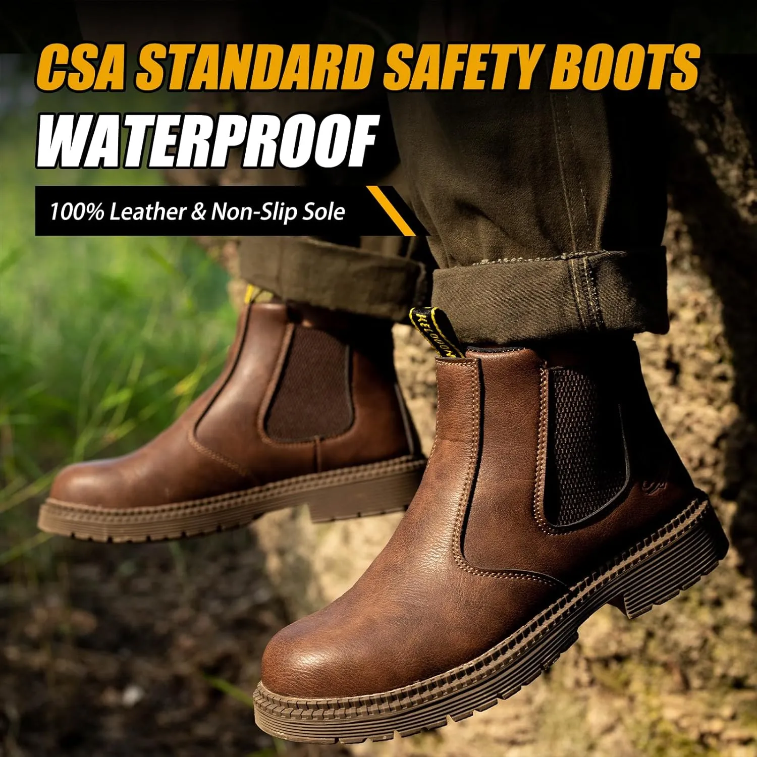 Waterproof Steel Toe Boots For Men-6 Inch Leather Slip On Safety Work Boots Mens Steel Toe Shoes Indestructible Non Slip Resistant Ankle Industrial Construction Boot