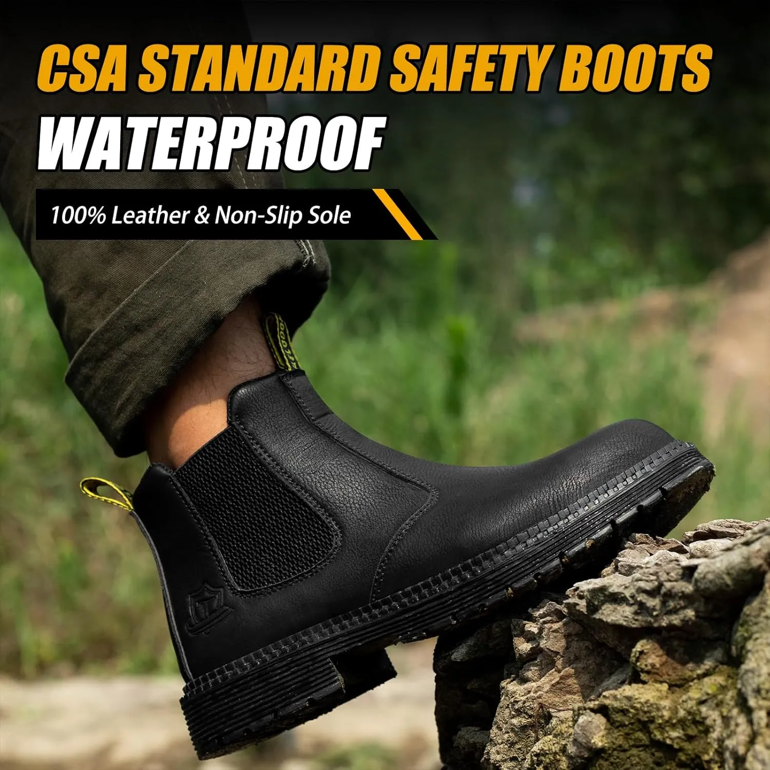Waterproof Steel Toe Boots For Men-6 Inch Leather Slip On Safety Work Boots Mens Steel Toe Shoes Indestructible Non Slip Resistant Ankle Industrial Construction Boot
