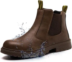 Waterproof Steel Toe Boots For Men-6 Inch Leather Slip On Safety Work Boots Mens Steel Toe Shoes Indestructible Non Slip Resistant Ankle Industrial Construction Boot