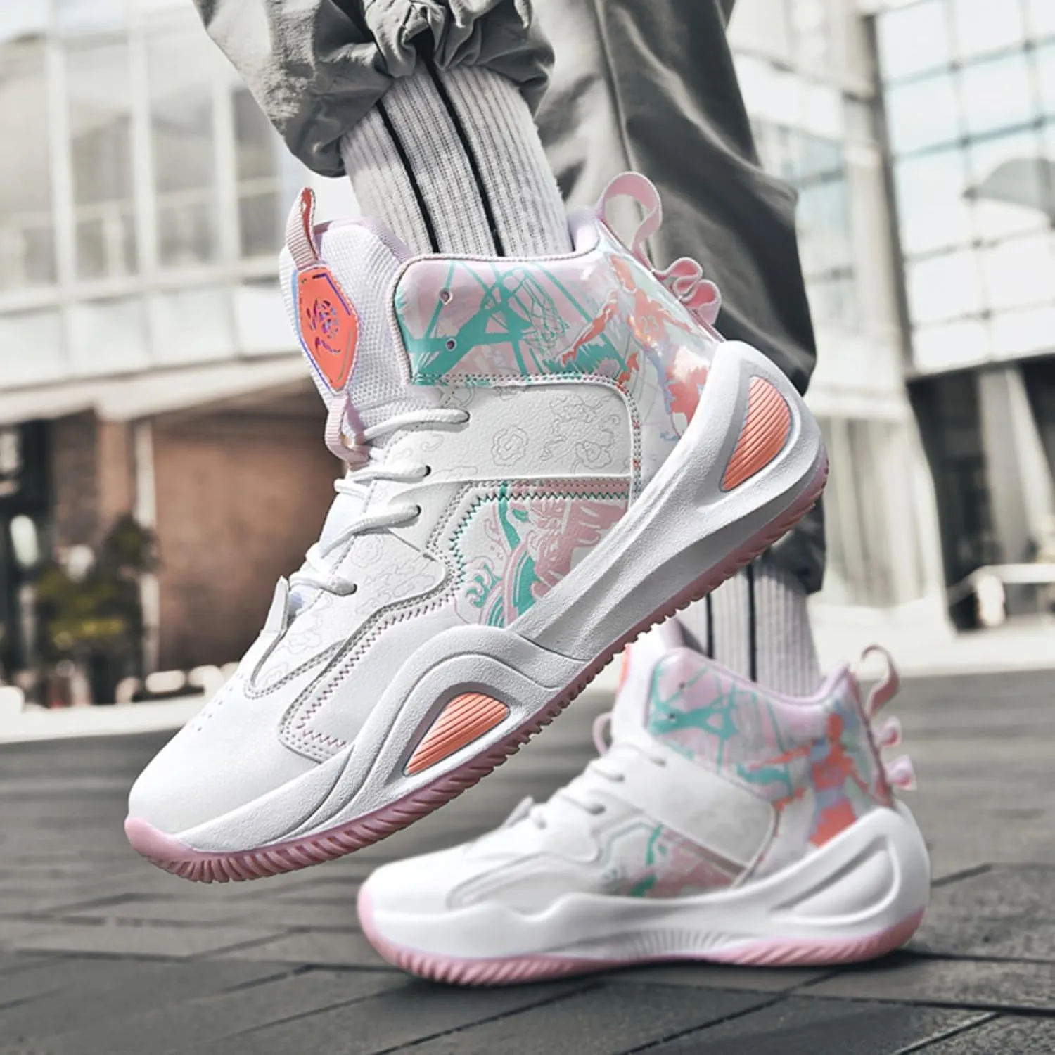 Womens Multicolor Breathable Mesh Lace Up Basketball Shoes Fashion High Top Non-Slip Running Sneakers Casual Athletic Tennis Walking Shoes