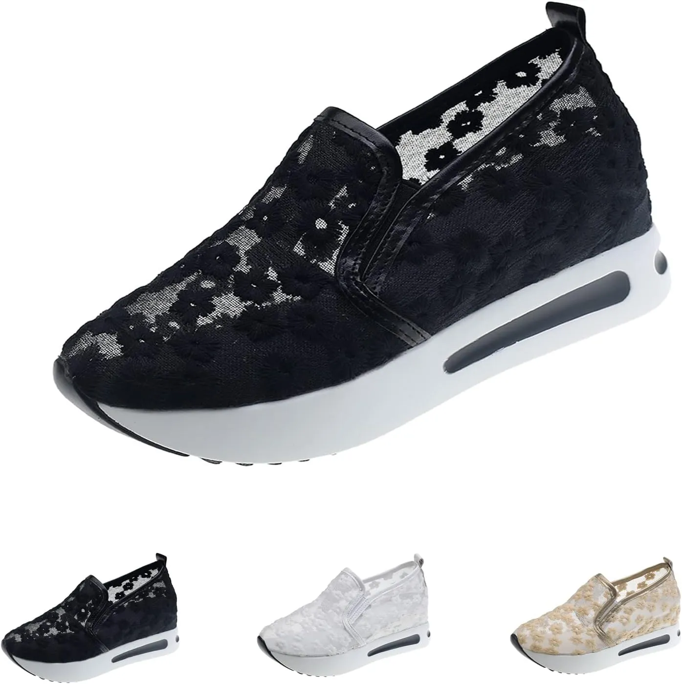 Women's Platform Hollow-Out Slip On Wedge Sneakers,Embroidery Floral Lace Mesh Breathable Walking Shoes Cushion Chunky Hidden High Heels Loafers Arch Support Sandals