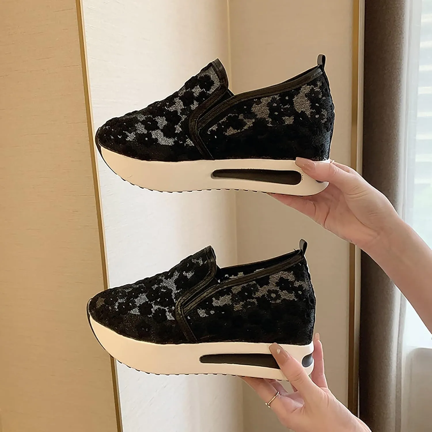 Women's Platform Hollow-Out Slip On Wedge Sneakers,Embroidery Floral Lace Mesh Breathable Walking Shoes Cushion Chunky Hidden High Heels Loafers Arch Support Sandals