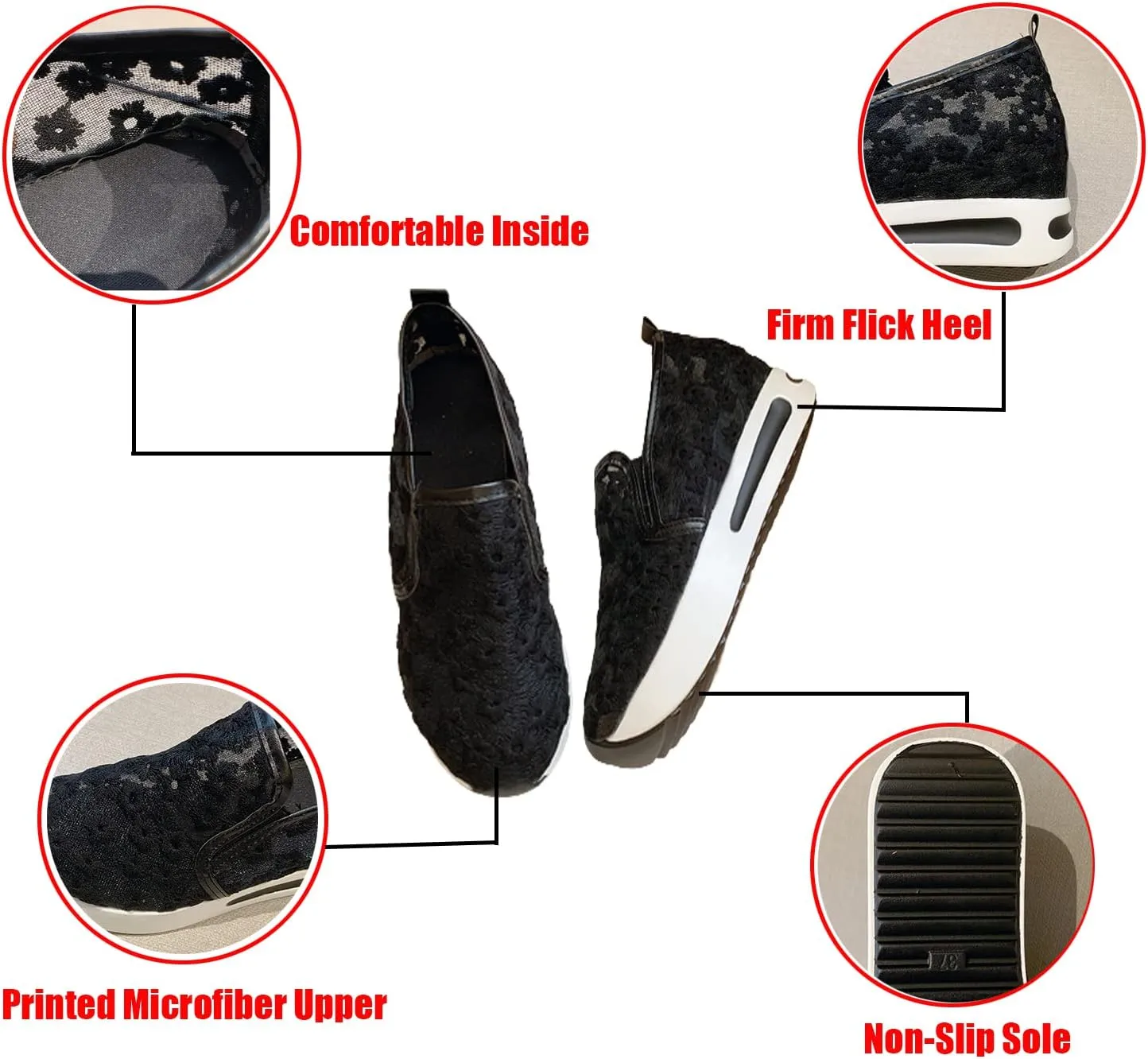 Women's Platform Hollow-Out Slip On Wedge Sneakers,Embroidery Floral Lace Mesh Breathable Walking Shoes Cushion Chunky Hidden High Heels Loafers Arch Support Sandals