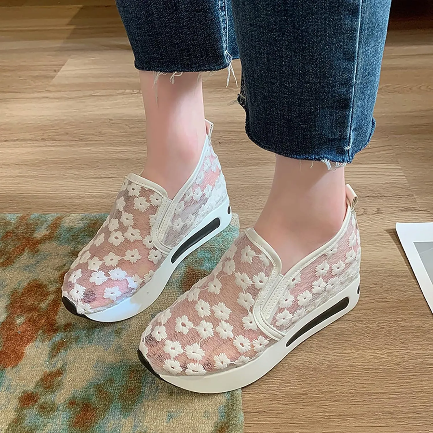 Women's Platform Hollow-Out Slip On Wedge Sneakers,Embroidery Floral Lace Mesh Breathable Walking Shoes Cushion Chunky Hidden High Heels Loafers Arch Support Sandals