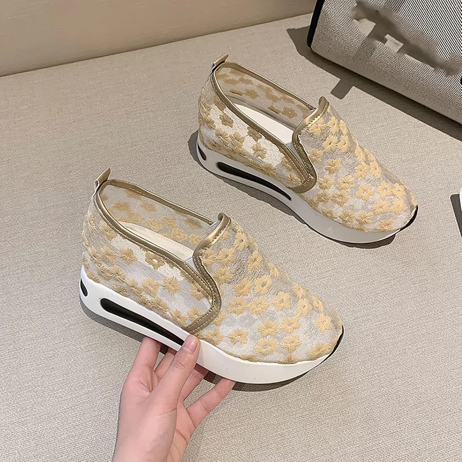 Women's Platform Hollow-Out Slip On Wedge Sneakers,Embroidery Floral Lace Mesh Breathable Walking Shoes Cushion Chunky Hidden High Heels Loafers Arch Support Sandals