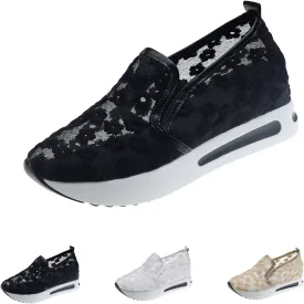 Women's Platform Hollow-Out Slip On Wedge Sneakers,Embroidery Floral Lace Mesh Breathable Walking Shoes Cushion Chunky Hidden High Heels Loafers Arch Support Sandals