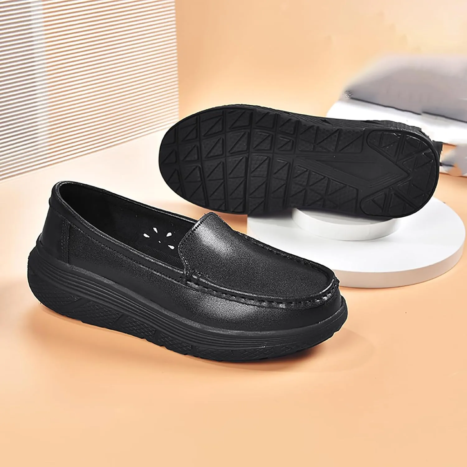 Women's Platform Orthopedic Nurse Working Shoes,Comfortable Breathable Slip On Anti-Slip Nursing Restaurant Work Leather Walking Loafers