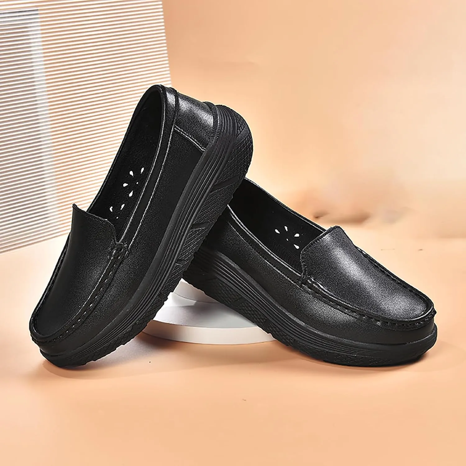 Women's Platform Orthopedic Nurse Working Shoes,Comfortable Breathable Slip On Anti-Slip Nursing Restaurant Work Leather Walking Loafers
