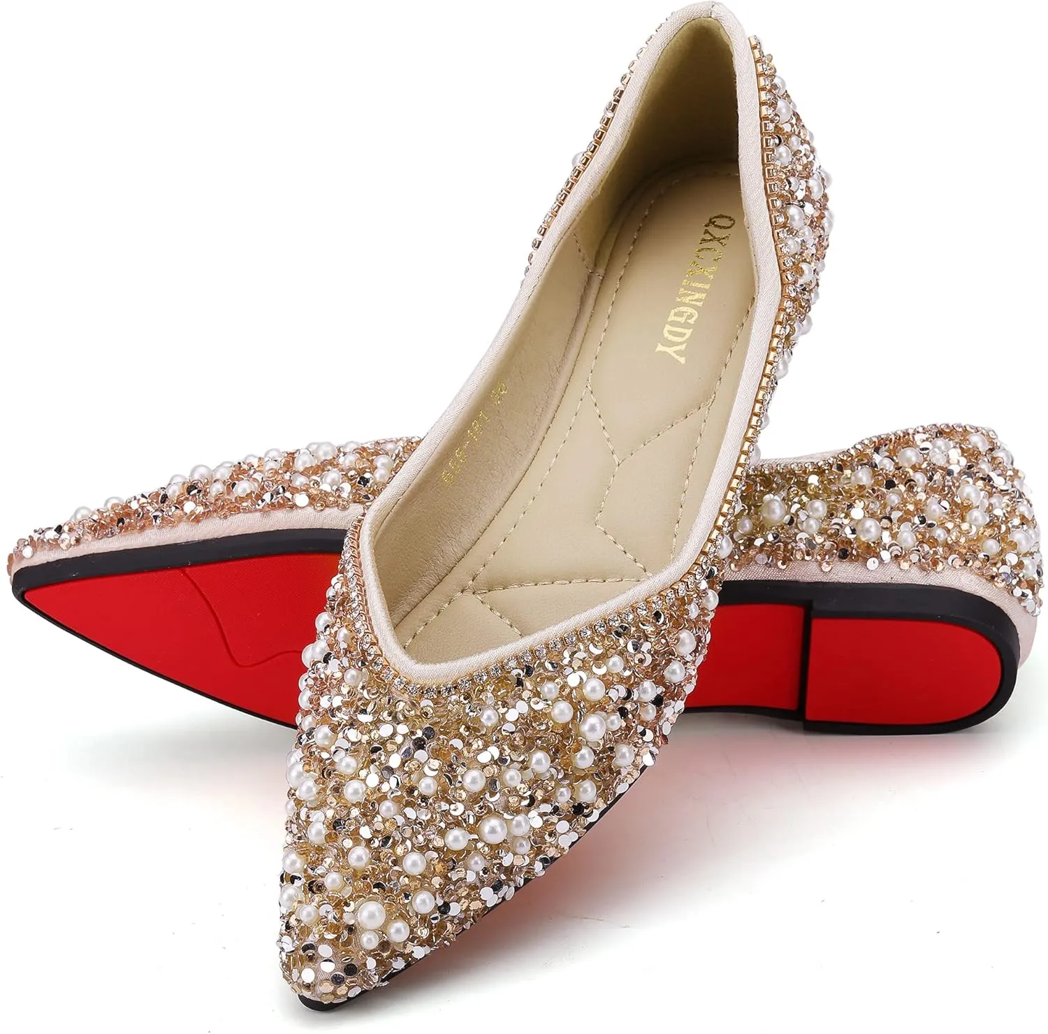 Women's Rhinestone Flats Fashion Pointed Toe Pearl Diamond Low Heel Dress Wedding Flats Work Business Dance Ballet Flats