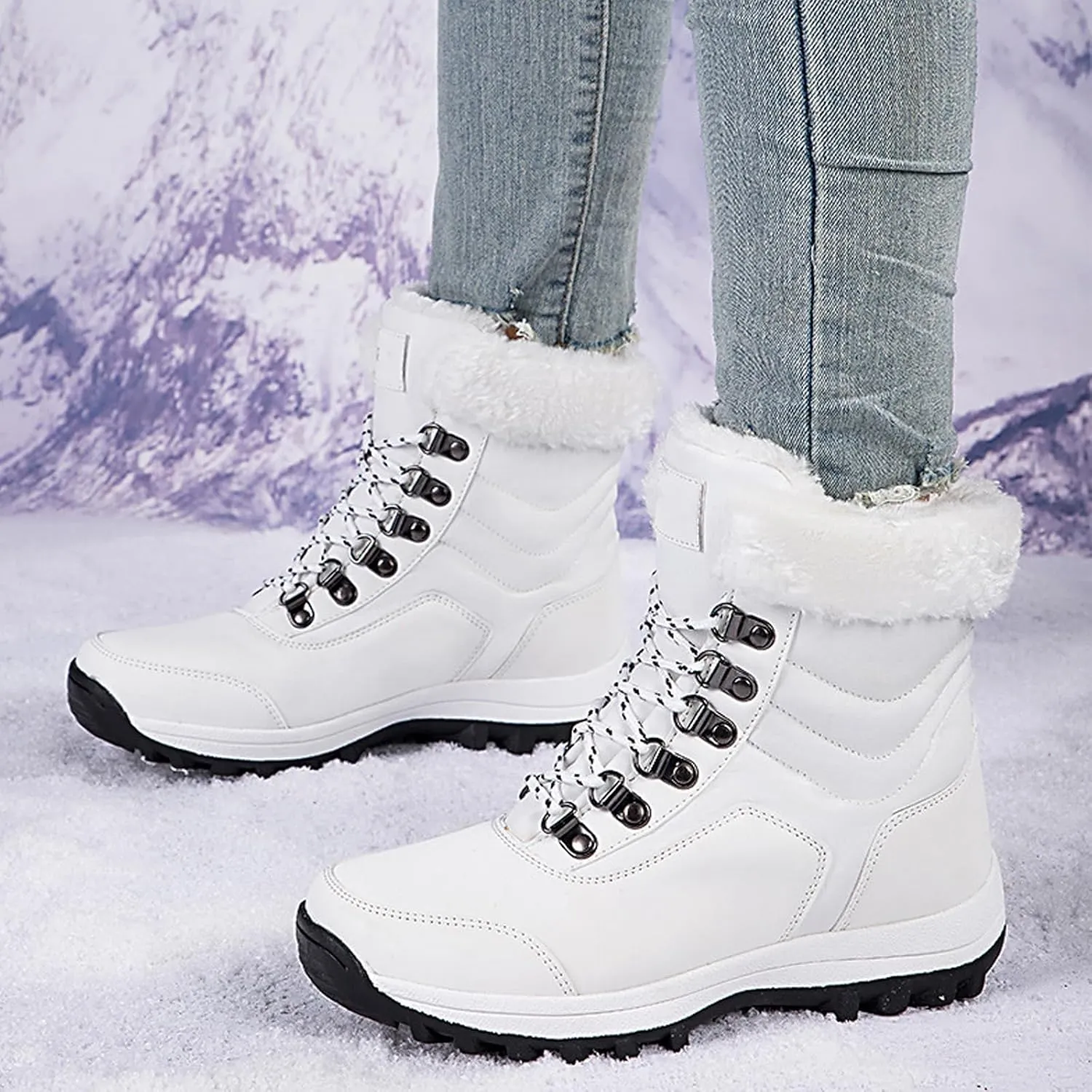 Women'S Waterproof Lace-Up Platform Snow Boots Comfort Warm Fur Lined Lightweight Non-Slip Winter Boots For Travel Work