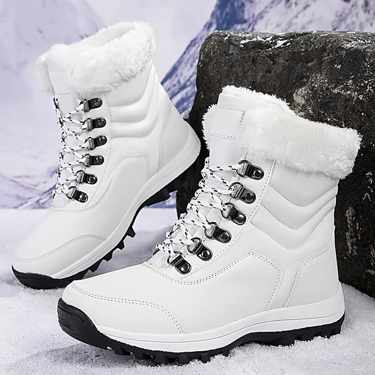 Women'S Waterproof Lace-Up Platform Snow Boots Comfort Warm Fur Lined Lightweight Non-Slip Winter Boots For Travel Work