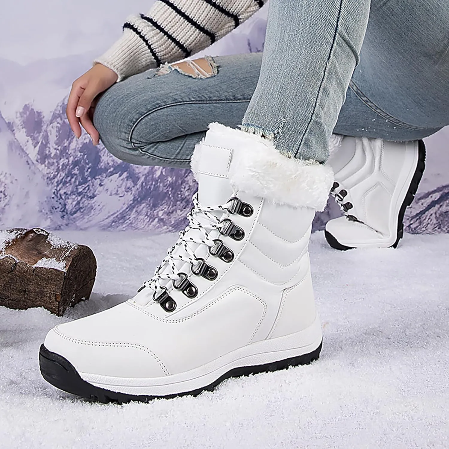 Women'S Waterproof Lace-Up Platform Snow Boots Comfort Warm Fur Lined Lightweight Non-Slip Winter Boots For Travel Work