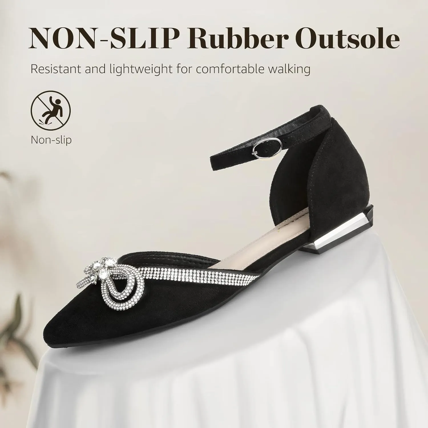 Zelaprox Women's Black Pointed Toe Flats Rhinestone Bow Ankle Strap Ballet Flats Comfortable Slip On Flats Light Weight Suede Dress Shoes