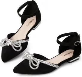 Zelaprox Women's Black Pointed Toe Flats Rhinestone Bow Ankle Strap Ballet Flats Comfortable Slip On Flats Light Weight Suede Dress Shoes